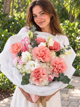 Coral Sonnet - peach garden roses and white lisianthus bouquet by Fashion Flowers Miami