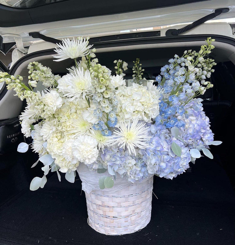 Blue Sky - Magnificent Basket of White and Light Blue Flowers