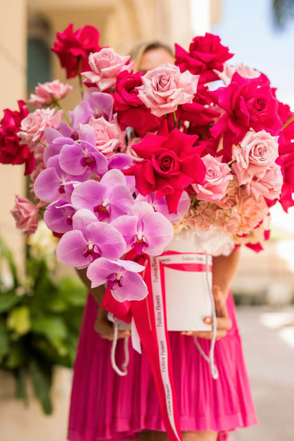 Blooming Cherry - Crimson and Pink Roses with Orchids