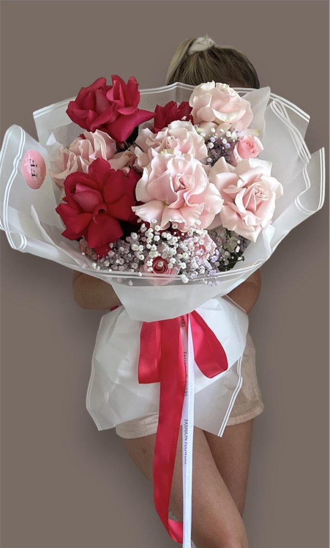 Pink Blush Bouquet - Hot Pink, Light Pink Roses, Hydrangeas & Baby's Breath