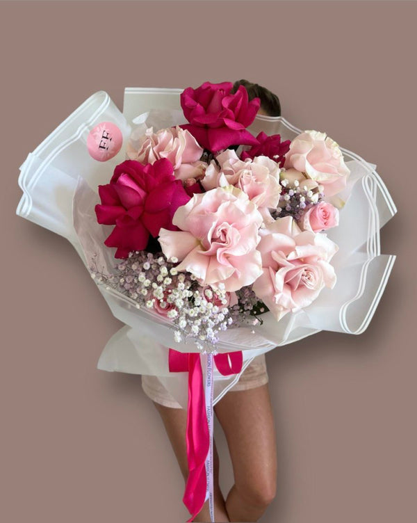 Pink Blush Bouquet - Hot Pink, Light Pink Roses, Hydrangeas & Baby's Breath