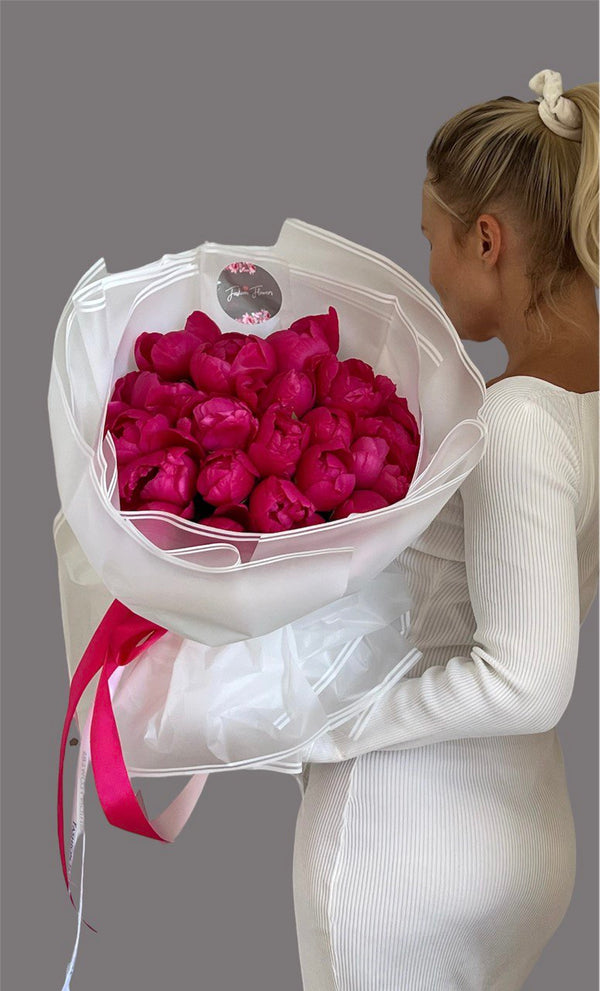 Bright Pink Peonies - Classic Round Bouquet of Twenty Peonies