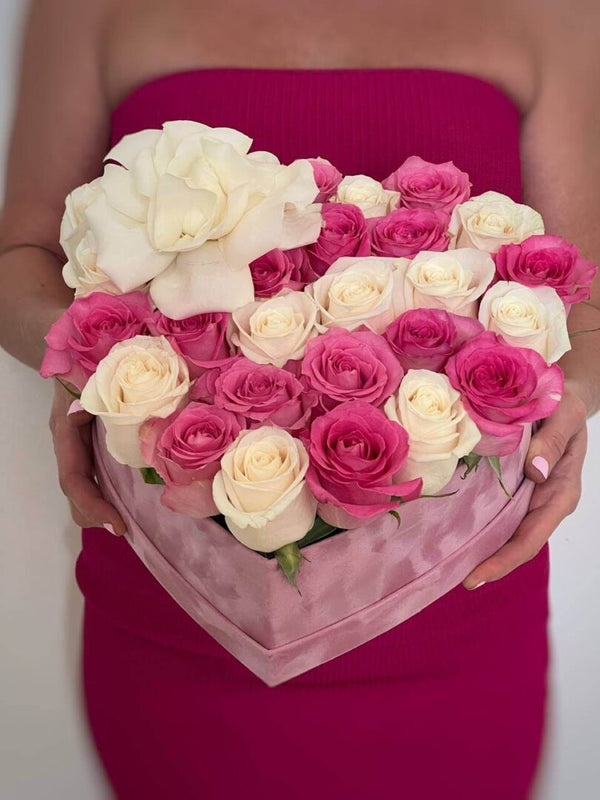 Tender heart - heart shaped box with pink and white roses.